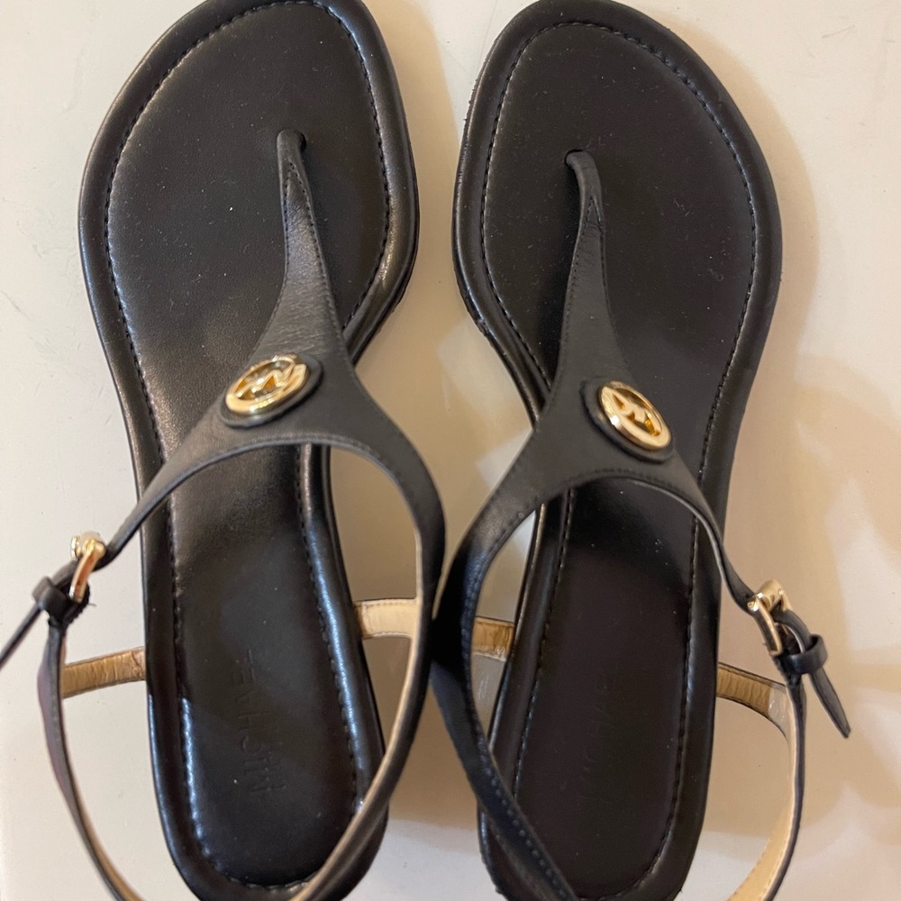 MK Black Gold-Accent Thong Sandals - Designer Logo Detail
